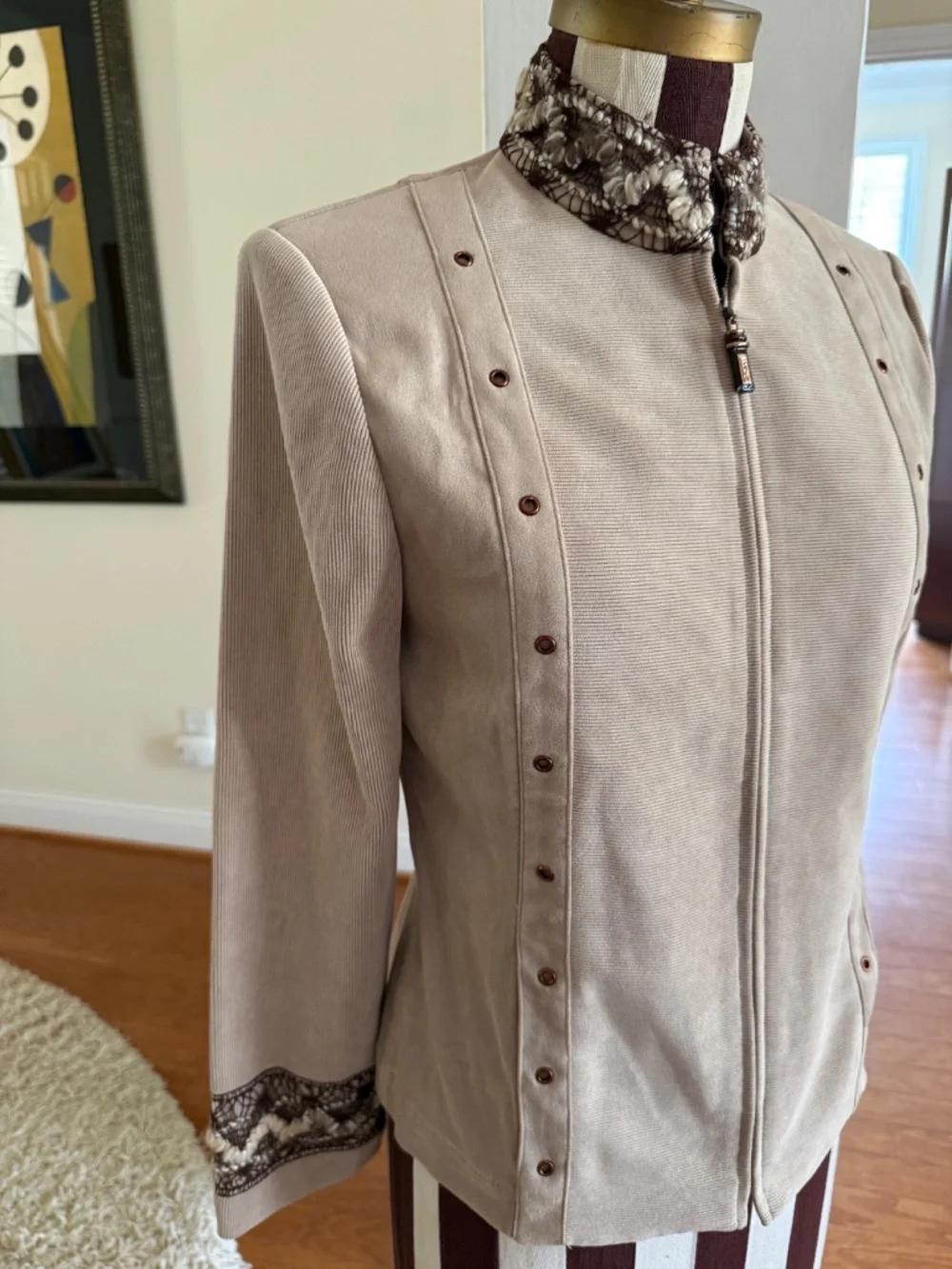 St John Sport By Marie Gray Mixed Media Mock Neck Jacket Tan Size P Quiet Luxury